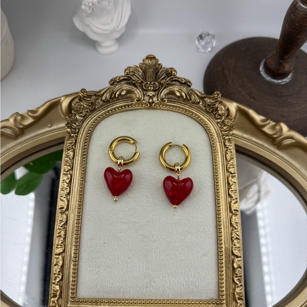 Gold Hoop Earrings with Red Heart Charm – Romantic & Playful - Picture 5 of 12